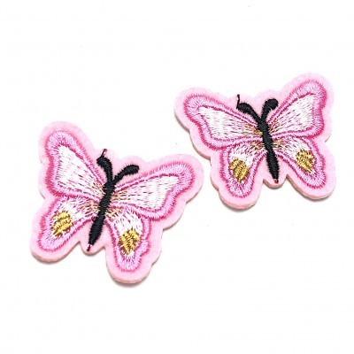 Emblemas bordados de borboletas rosa com detalhes pretos e dourados
