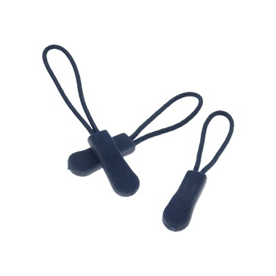 Três puxadores de zíper de tecido azul escuro com alça