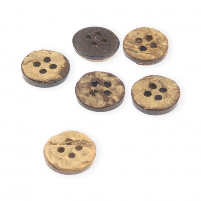 Seis botões redondos castanhos com quatro furos em fundo branco