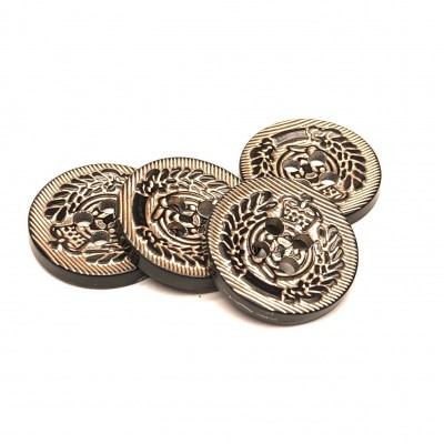 botões metálicos dourados com coroa e folhas de louro em relevo