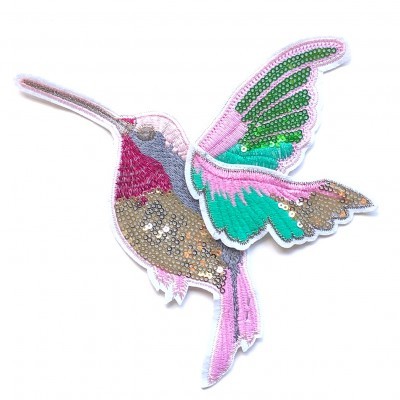 Aplicação bordada beija-flor com lantejoulas coloridas