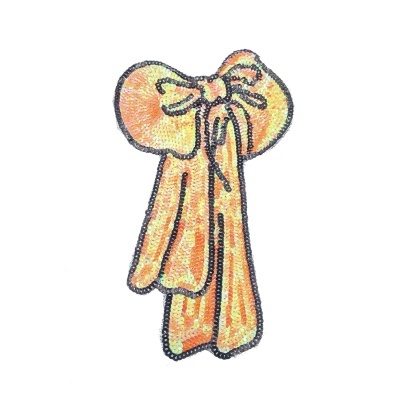 Broche decorativo em forma de laço com cores laranja e amarelo