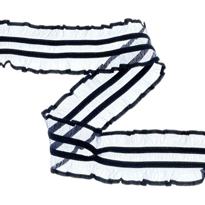 Fita transparente com riscas pretas e bordas franjadas pretas