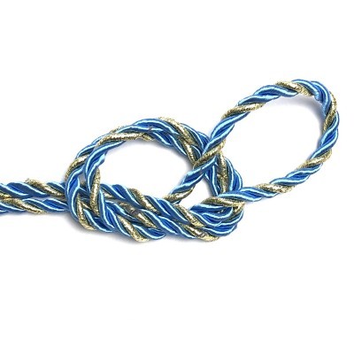 Corda trançada azul, dourada e branca com nó