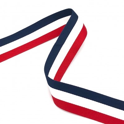 Faixa têxtil azul-escuro, branco e vermelho com listras horizontais