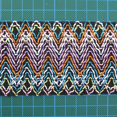 Faixa têxtil colorida com padrão zig-zag sobre fundo quadriculado verde