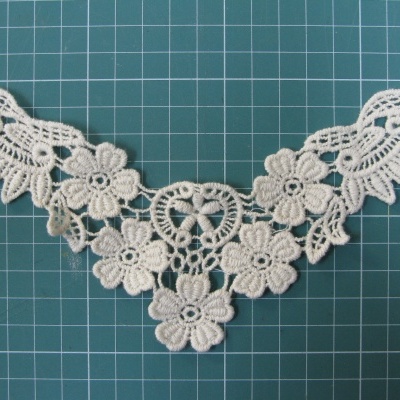 Colar de renda branca com padrão floral sobre fundo verde quadriculado