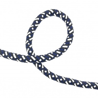 Cordão trançado azul, branco e preto sobre fundo branco