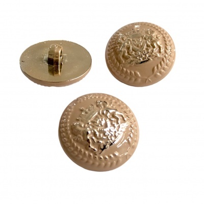 Botões redondos bege com brasão em relevo e texturas distintas