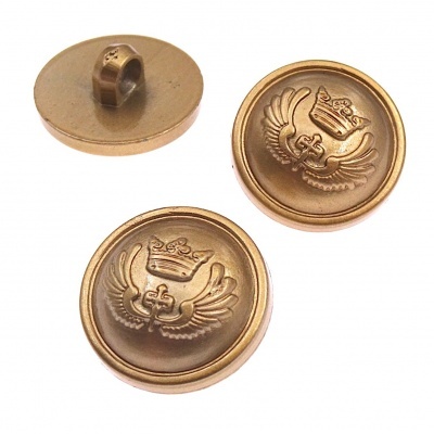 Botões metálicos dourados com relevo de coroa e asas