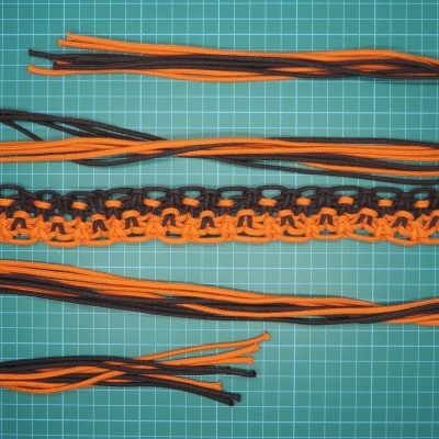 Cinto trançado laranja e preto sobre superfície verde quadriculada