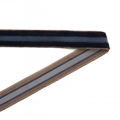 Correia têxtil dupla face com veludo azul e riscas bege, azul e branco