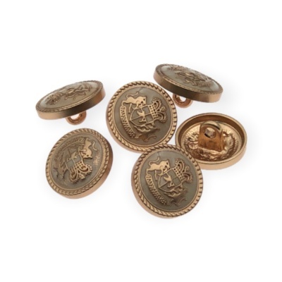 Botões metálicos redondos com brasão em relevo bronze