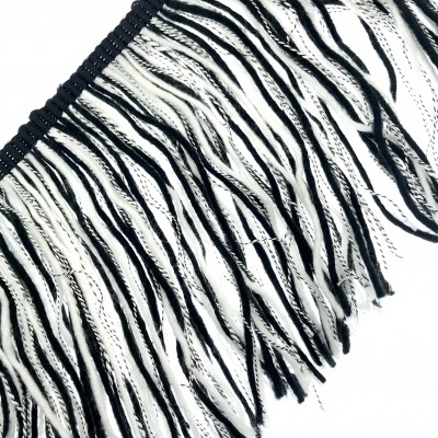 Franja decorativa têxtil preta e branca com faixa larga preta.