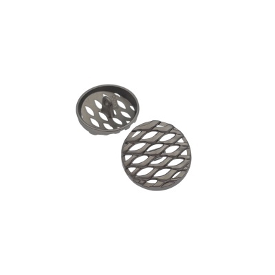 Dois botões cinza redondos com padrão recortado em relevo