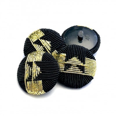 Botões redondos forrados a tecido preto com detalhes em dourado