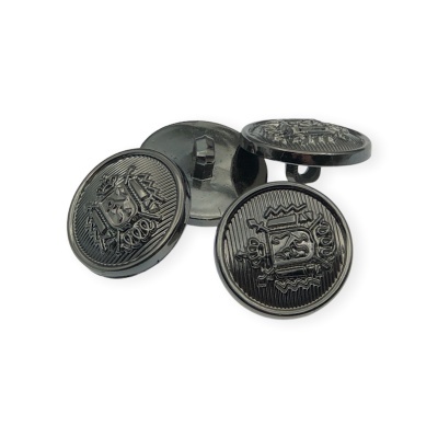 Quatro botões metálicos pretos com padrão gravado e relevo sobre fundo branco