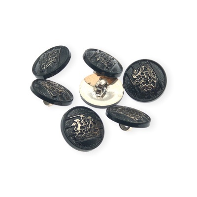 Seis botões redondos pretos com detalhes metálicos dourados