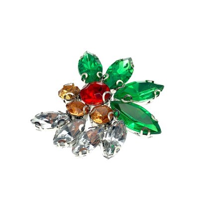 Broche com pedras de vidro coloridas em forma de folhas