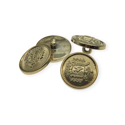 Botões metálicos dourados com brasão em relevo