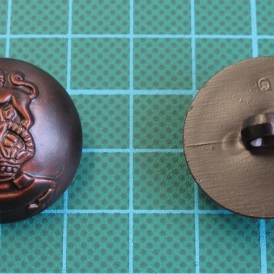 Botão metálico castanho com design em relevo de leão e escudo