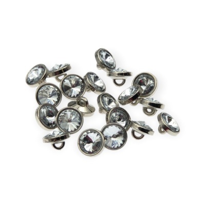 Botões redondos com pedra facetada transparente e aro metálico preto