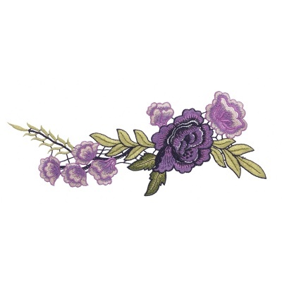 Emblema bordado floral roxo e lilás com folhas verdes