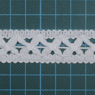 Fita rendada branca com padrão de laços sobre fundo azul quadriculado.