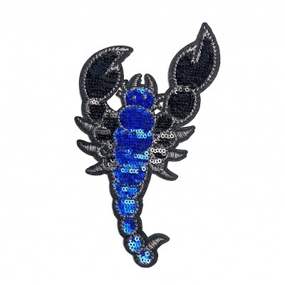 Emblema de escorpião em lantejoulas azuis e pretas