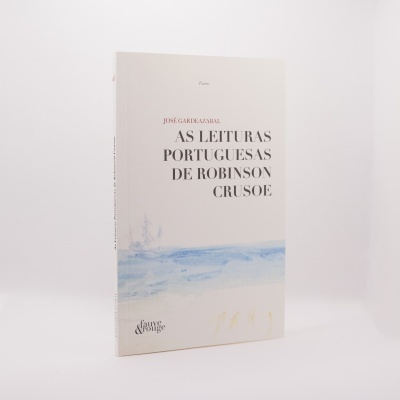 Livro intitulado AS LEITURAS PORTUGUESAS DE ROBINSON CRUSOE com capa branca e detalhes azuis.