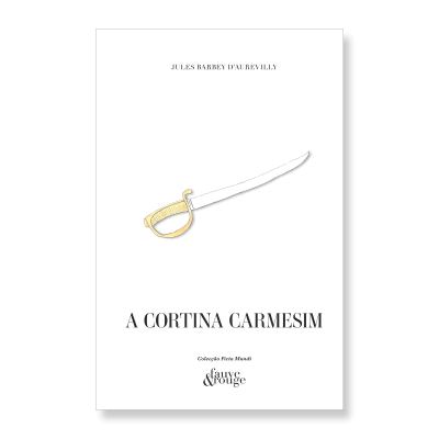 Capa de livro branca com título A Cortina Carmesim e ilustração de espada dourada