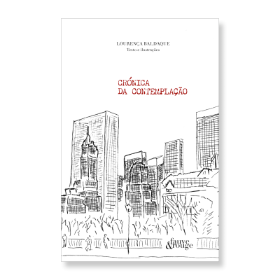 Capa de livro com ilustração a preto e branco de edifícios e texto em vermelho e preto