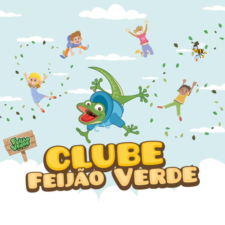 Logo colorido do Clube Feijão Verde com sapo e crianças em fundo azul e nuvens