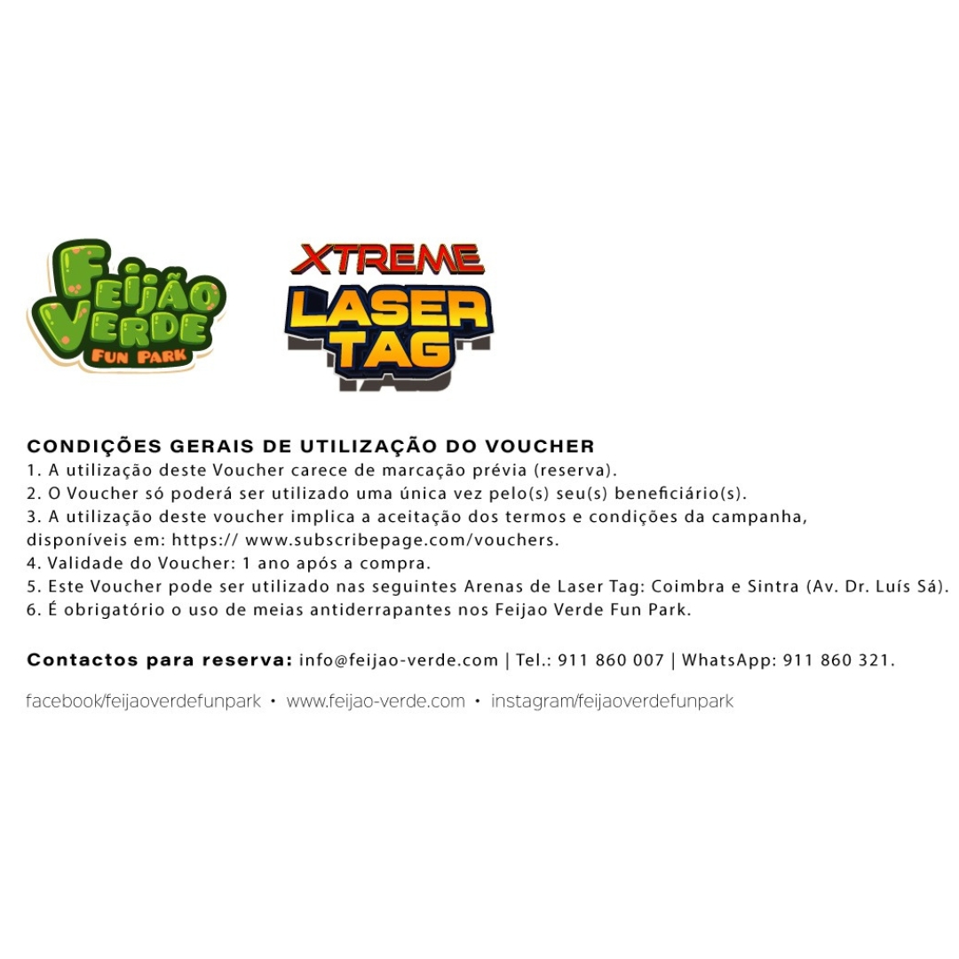 Gift Voucher - Xtreme Laser Tag, Sintra | 5 pessoas Logótipos e texto com condições e contactos para reserva no Feijão Verde Fun Park e Xtreme Laser Tag