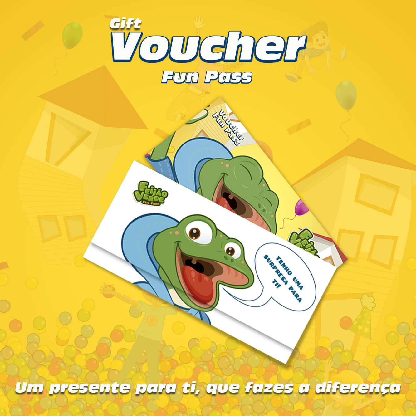 Voucher Fun Pass com ilustração de sapo verde e texto promocional em fundo amarelo