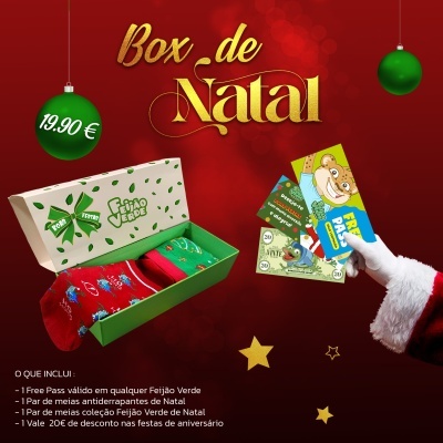 Caixa de Natal com meias e vales, fundo vermelho com texto e ornamentos