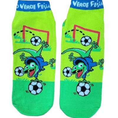 Par de meias coloridas com tema de futebol e personagem cartoon