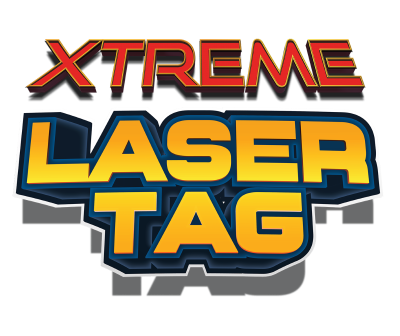 Logotipo com texto XTREME em vermelho e LASER TAG em amarelo sobre fundo preto