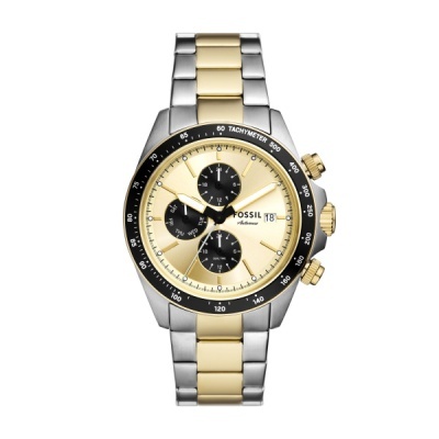 Relógio de pulso metálico bicolor Fossil com mostrador dourado e submostradores pretos