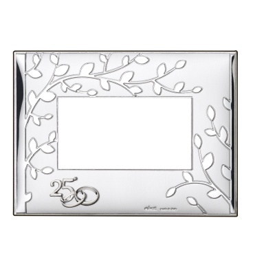 Moldura de fotografia retangular prateada com decoração de ramos e o número 25