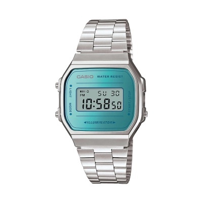 Relógio digital CASIO prateado com mostrador azul e pulseira metálica