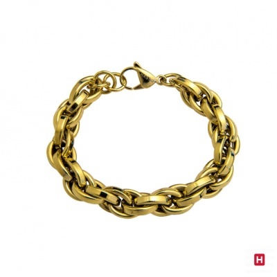 Pulseira dourada de elos grossos entrelaçados com fecho de gancho