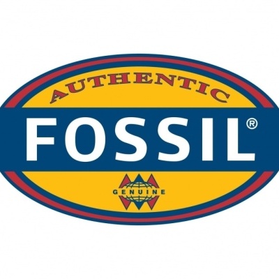 Logótipo oval da marca FOSSIL com cores azul, amarelo e vermelho