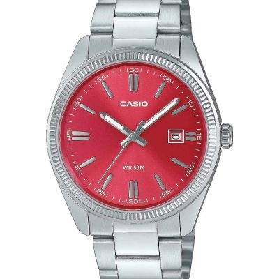 Relógio Casio em aço com mostrador vermelho e bracelete metálica