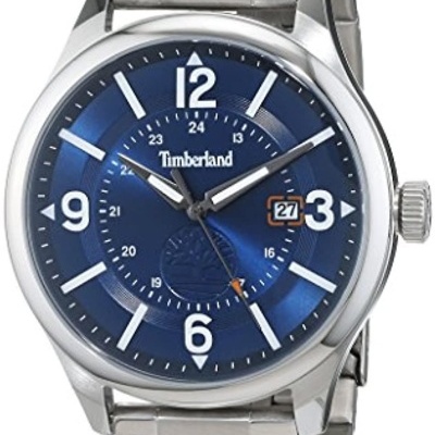 Relógio Timberland metal prateado mostrador azul com numeração branca e data