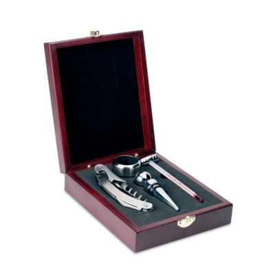 Conjunto de acessórios para vinho em caixa de madeira com interior almofadado preto