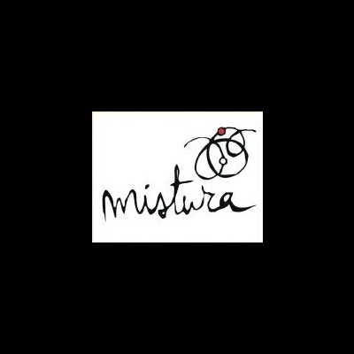 Logotipo com a palavra 'mistura' e símbolo circular preto com ponto vermelho