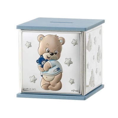 Mealheiro quadrado azul com painel com ursinho e estrelas em relevo