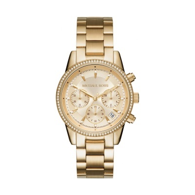 Relógio de pulso dourado Michael Kors com bracelete metálica e cristais no aro