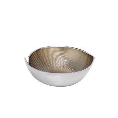 Tigela metálica redonda com exterior prateado e interior dourado texturizado.